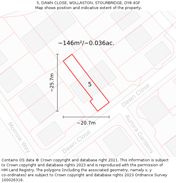 5, DAWN CLOSE, WOLLASTON, STOURBRIDGE, DY8 4GF: Plot and title map