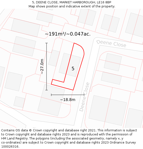 5, DEENE CLOSE, MARKET HARBOROUGH, LE16 8BP: Plot and title map