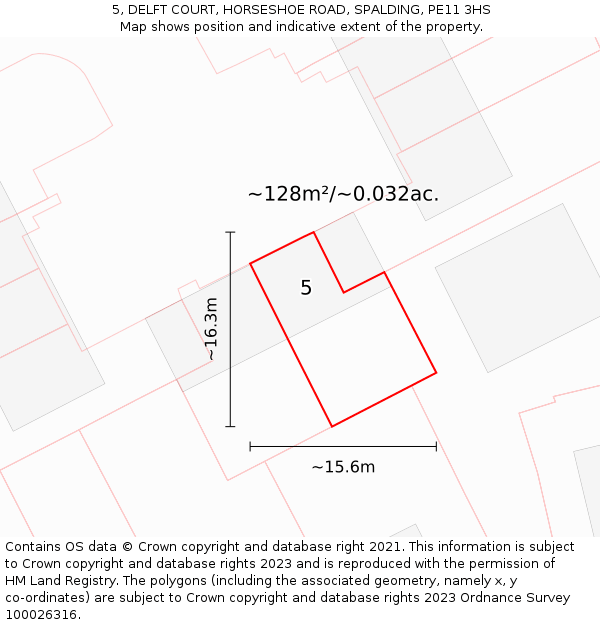 5, DELFT COURT, HORSESHOE ROAD, SPALDING, PE11 3HS: Plot and title map