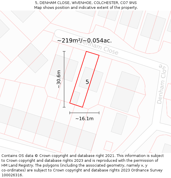 5, DENHAM CLOSE, WIVENHOE, COLCHESTER, CO7 9NS: Plot and title map