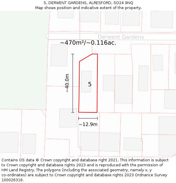 5, DERWENT GARDENS, ALRESFORD, SO24 9NQ: Plot and title map