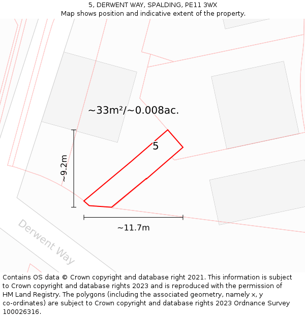 5, DERWENT WAY, SPALDING, PE11 3WX: Plot and title map