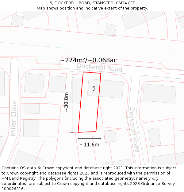 5, DOCKERELL ROAD, STANSTED, CM24 8FF: Plot and title map