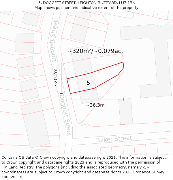 5, DOGGETT STREET, LEIGHTON BUZZARD, LU7 1BN: Plot and title map