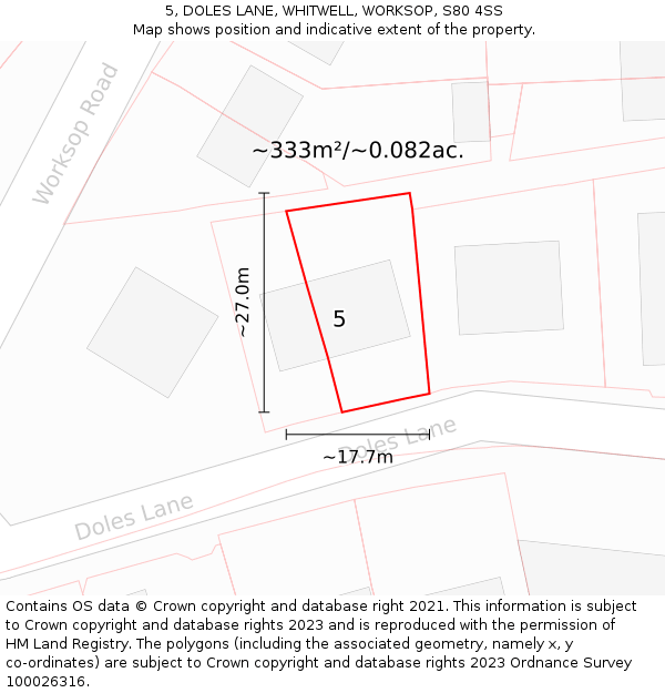 5, DOLES LANE, WHITWELL, WORKSOP, S80 4SS: Plot and title map