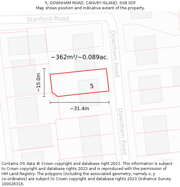 5, DOWNHAM ROAD, CANVEY ISLAND, SS8 0DF: Plot and title map