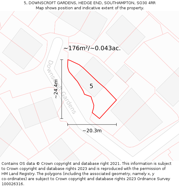 5, DOWNSCROFT GARDENS, HEDGE END, SOUTHAMPTON, SO30 4RR: Plot and title map