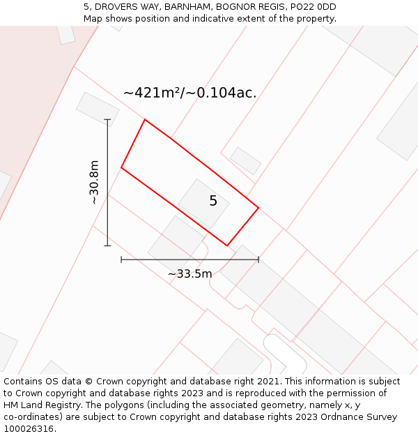 5, DROVERS WAY, BARNHAM, BOGNOR REGIS, PO22 0DD: Plot and title map