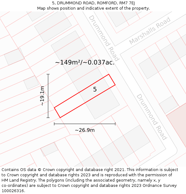 5, DRUMMOND ROAD, ROMFORD, RM7 7EJ: Plot and title map