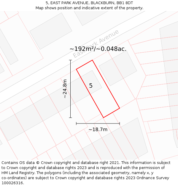 5, EAST PARK AVENUE, BLACKBURN, BB1 8DT: Plot and title map