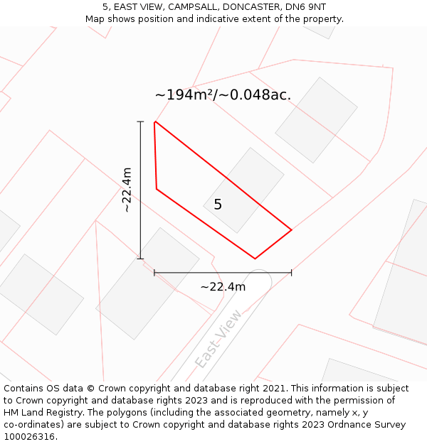 5, EAST VIEW, CAMPSALL, DONCASTER, DN6 9NT: Plot and title map