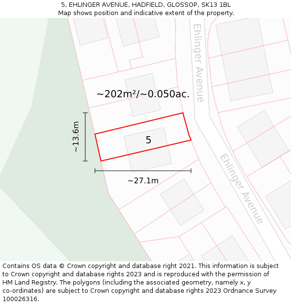 5, EHLINGER AVENUE, HADFIELD, GLOSSOP, SK13 1BL: Plot and title map