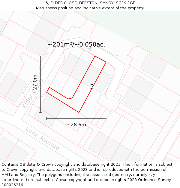 5, ELDER CLOSE, BEESTON, SANDY, SG19 1GF: Plot and title map