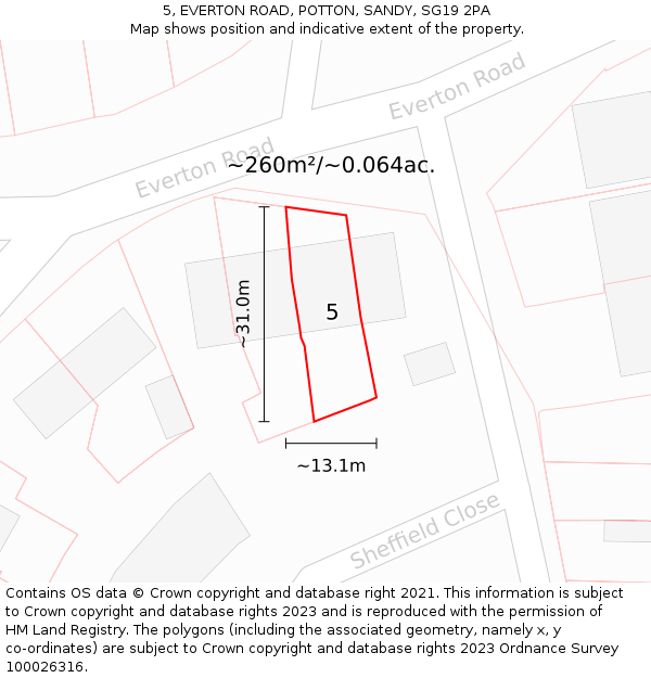 5, EVERTON ROAD, POTTON, SANDY, SG19 2PA: Plot and title map