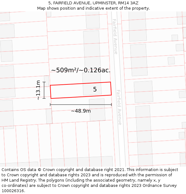 5, FAIRFIELD AVENUE, UPMINSTER, RM14 3AZ: Plot and title map