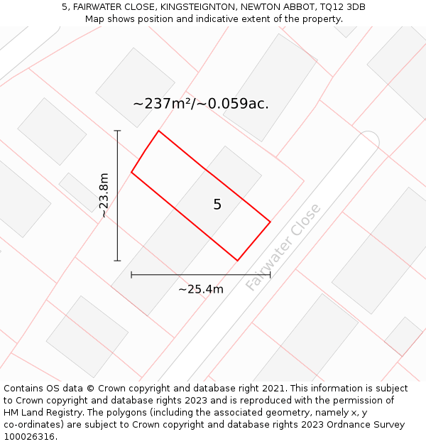 5, FAIRWATER CLOSE, KINGSTEIGNTON, NEWTON ABBOT, TQ12 3DB: Plot and title map
