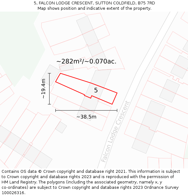 5, FALCON LODGE CRESCENT, SUTTON COLDFIELD, B75 7RD: Plot and title map