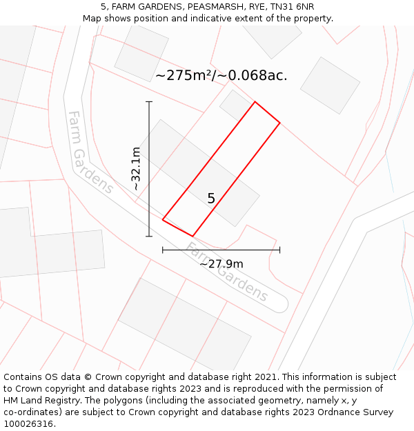 5, FARM GARDENS, PEASMARSH, RYE, TN31 6NR: Plot and title map