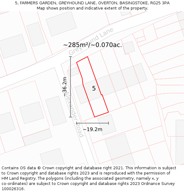 5, FARMERS GARDEN, GREYHOUND LANE, OVERTON, BASINGSTOKE, RG25 3PA: Plot and title map