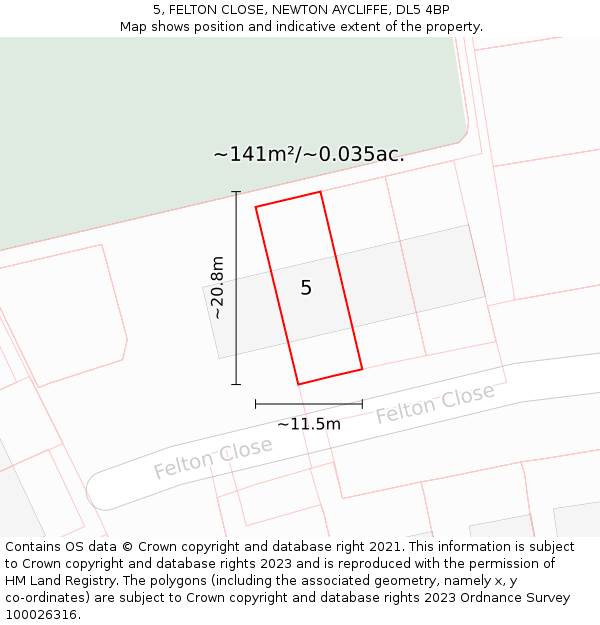 5, FELTON CLOSE, NEWTON AYCLIFFE, DL5 4BP: Plot and title map