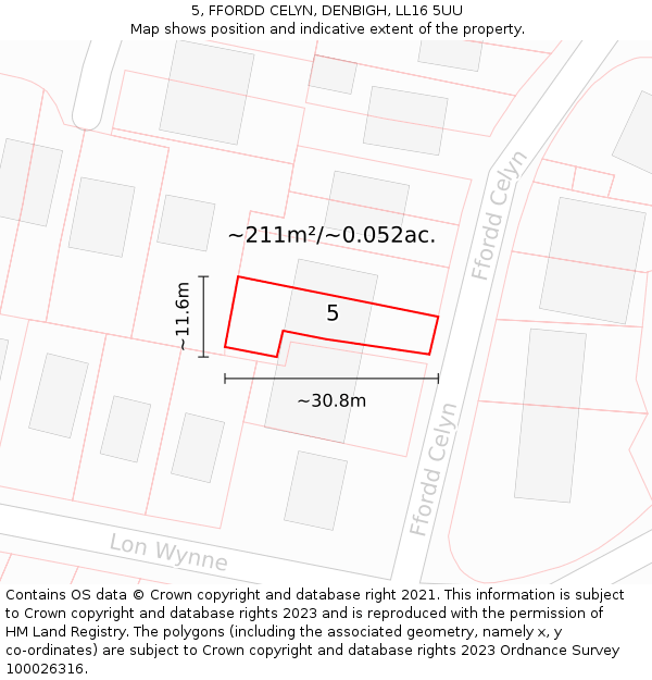 5, FFORDD CELYN, DENBIGH, LL16 5UU: Plot and title map