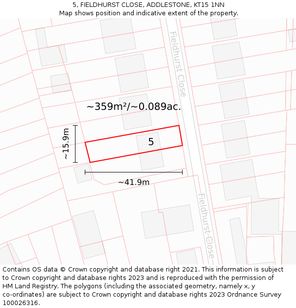 5, FIELDHURST CLOSE, ADDLESTONE, KT15 1NN: Plot and title map