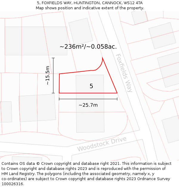 5, FOXFIELDS WAY, HUNTINGTON, CANNOCK, WS12 4TA: Plot and title map