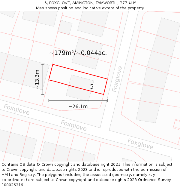 5, FOXGLOVE, AMINGTON, TAMWORTH, B77 4HY: Plot and title map