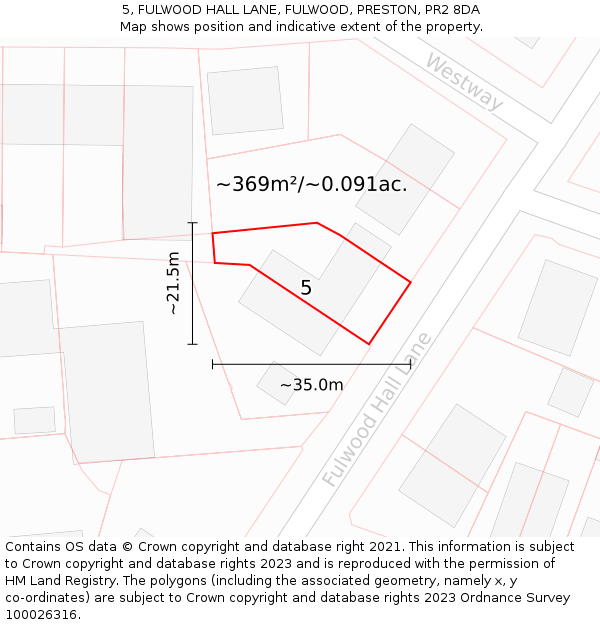 5, FULWOOD HALL LANE, FULWOOD, PRESTON, PR2 8DA: Plot and title map