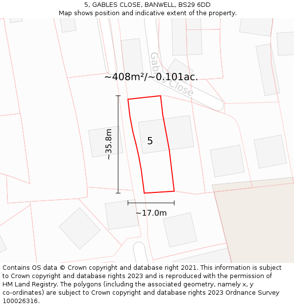 5, GABLES CLOSE, BANWELL, BS29 6DD: Plot and title map