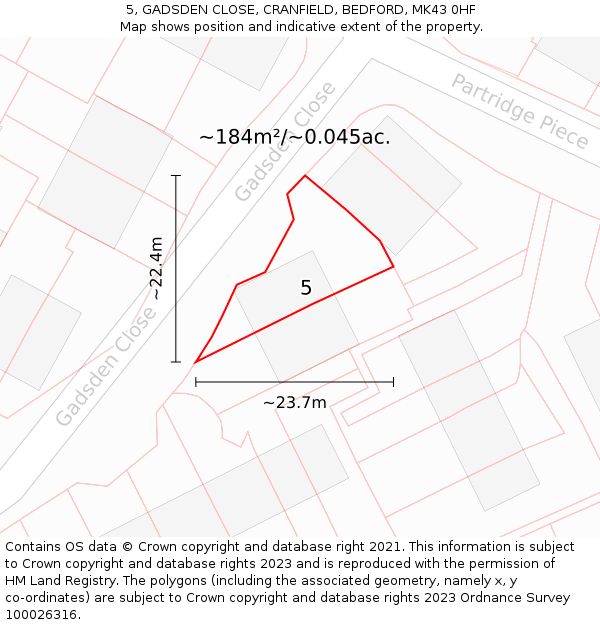 5, GADSDEN CLOSE, CRANFIELD, BEDFORD, MK43 0HF: Plot and title map