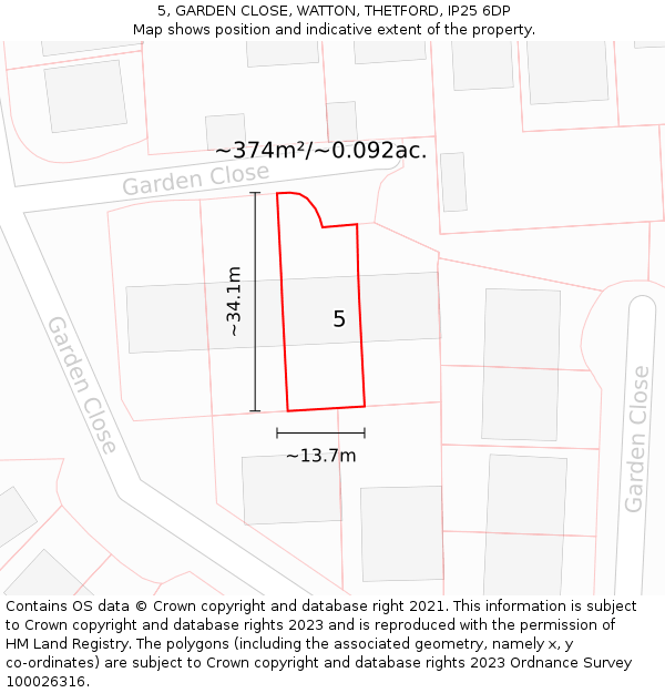 5, GARDEN CLOSE, WATTON, THETFORD, IP25 6DP: Plot and title map