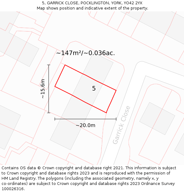 5, GARRICK CLOSE, POCKLINGTON, YORK, YO42 2YX: Plot and title map