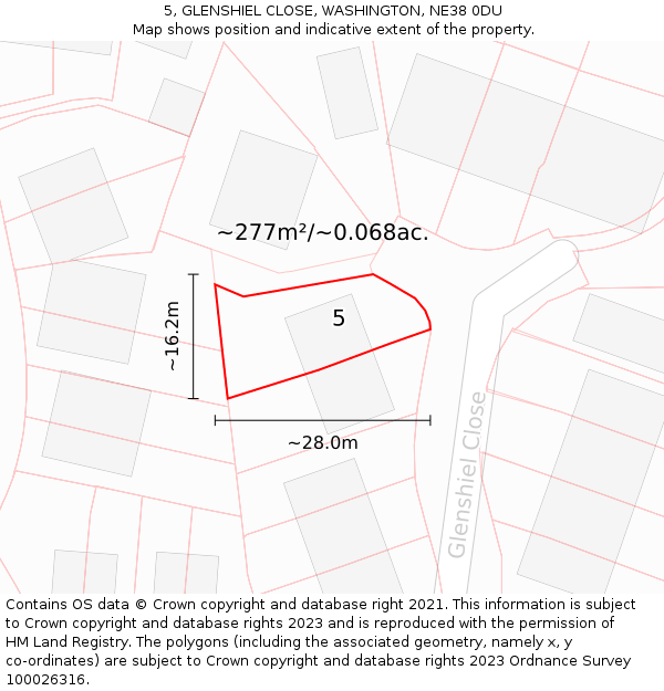 5, GLENSHIEL CLOSE, WASHINGTON, NE38 0DU: Plot and title map