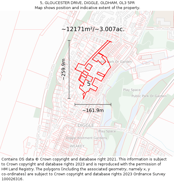 5, GLOUCESTER DRIVE, DIGGLE, OLDHAM, OL3 5PR: Plot and title map