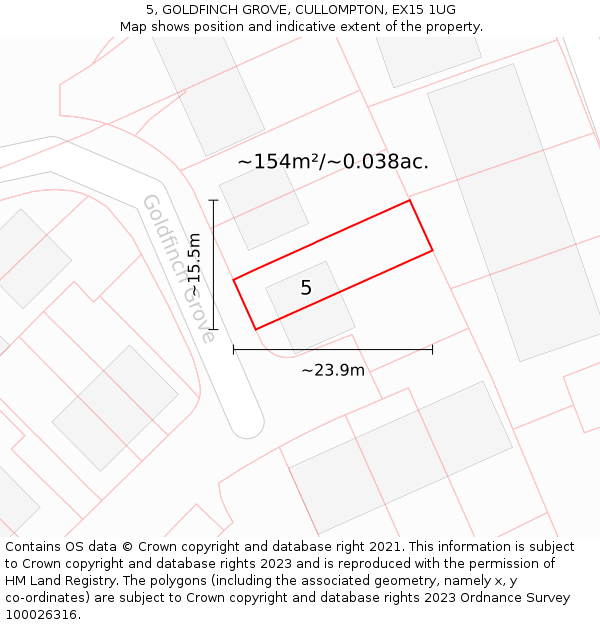 5, GOLDFINCH GROVE, CULLOMPTON, EX15 1UG: Plot and title map