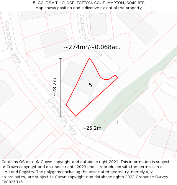 5, GOLDSMITH CLOSE, TOTTON, SOUTHAMPTON, SO40 8TR: Plot and title map