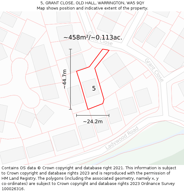 5, GRANT CLOSE, OLD HALL, WARRINGTON, WA5 9QY: Plot and title map
