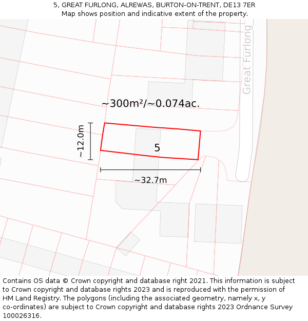 5, GREAT FURLONG, ALREWAS, BURTON-ON-TRENT, DE13 7ER: Plot and title map