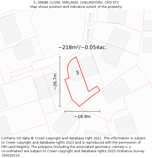 5, GREBE CLOSE, MAYLAND, CHELMSFORD, CM3 6TZ: Plot and title map