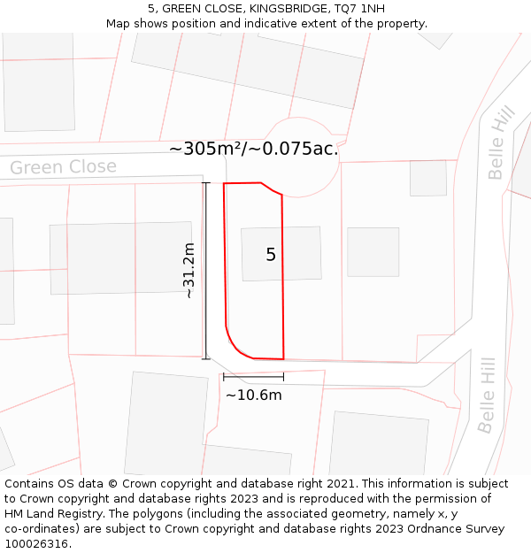 5, GREEN CLOSE, KINGSBRIDGE, TQ7 1NH: Plot and title map