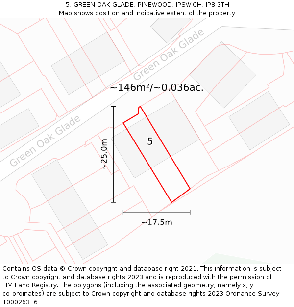 5, GREEN OAK GLADE, PINEWOOD, IPSWICH, IP8 3TH: Plot and title map