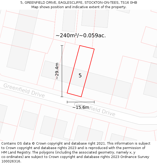 5, GREENFIELD DRIVE, EAGLESCLIFFE, STOCKTON-ON-TEES, TS16 0HB: Plot and title map