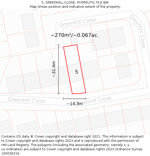 5, GREENHILL CLOSE, PLYMOUTH, PL9 9JW: Plot and title map