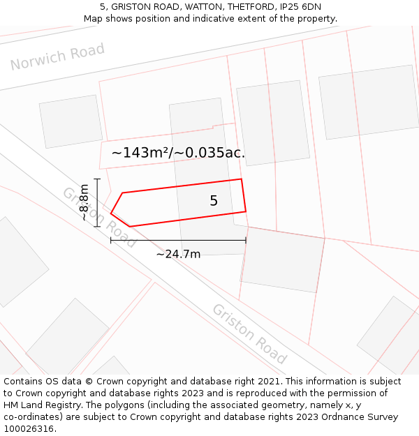 5, GRISTON ROAD, WATTON, THETFORD, IP25 6DN: Plot and title map