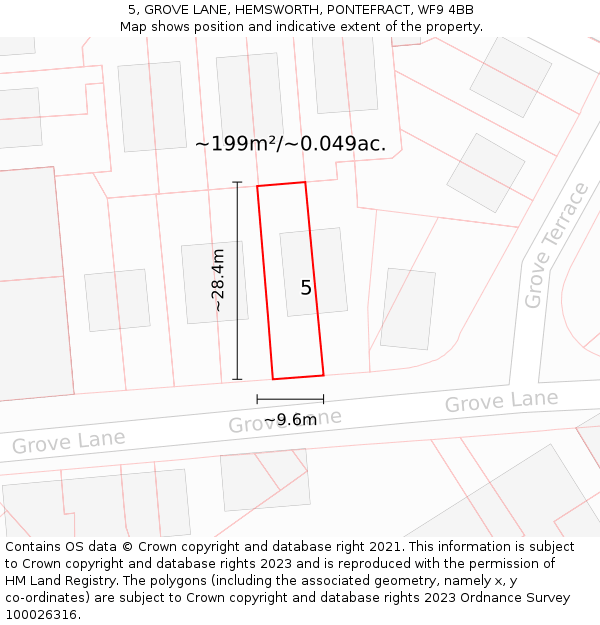 5, GROVE LANE, HEMSWORTH, PONTEFRACT, WF9 4BB: Plot and title map