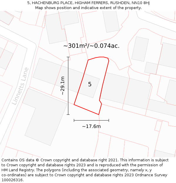 5, HACHENBURG PLACE, HIGHAM FERRERS, RUSHDEN, NN10 8HJ: Plot and title map