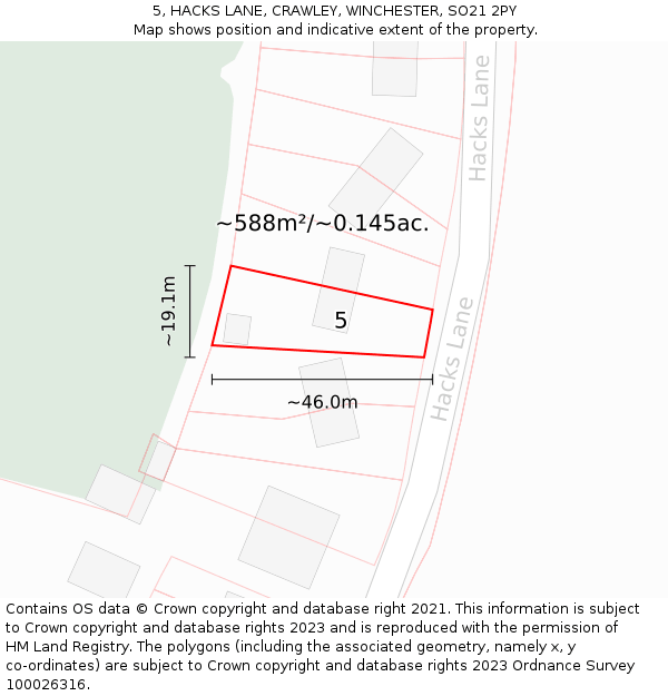 5, HACKS LANE, CRAWLEY, WINCHESTER, SO21 2PY: Plot and title map