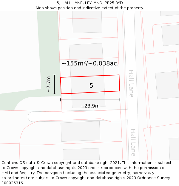 5, HALL LANE, LEYLAND, PR25 3YD: Plot and title map