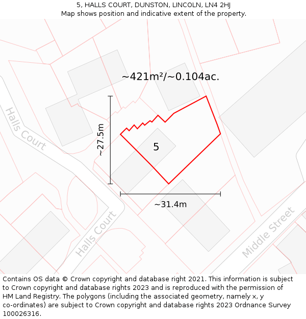 5, HALLS COURT, DUNSTON, LINCOLN, LN4 2HJ: Plot and title map